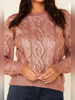 🔥2for$20 Rock & Roll Cowgirl Metallic Pink Cable Knit Sweater
